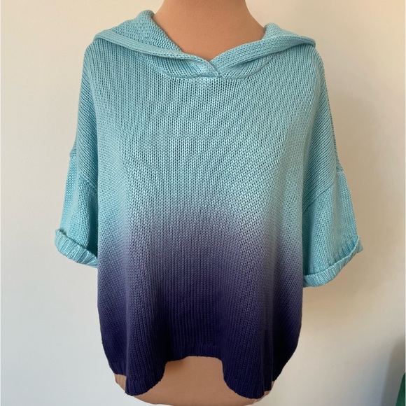 Anthropologie 525 America Blue Ombre Knit Short Sleeve Cropped Hoodie Sweater M - Picture 4 of 12